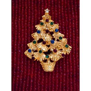 LMJ Christmas Tree Rhinestone Brooch Vintage 1970s Holiday